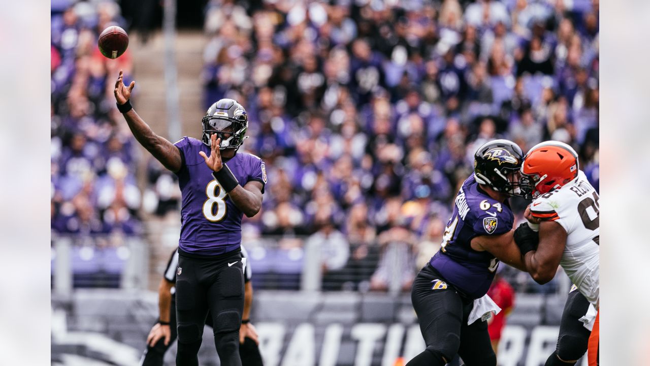 Cleveland Browns vs. Baltimore Ravens . NFL Game. American Football League  match. Silhouette of professional player celebrate touch down. Screen in ba  Stock Photo - Alamy