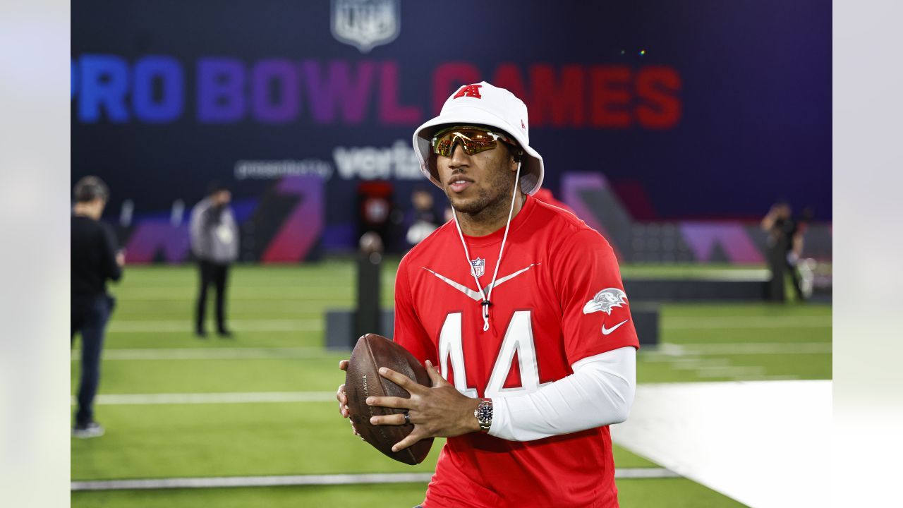 Baltimore Ravens cornerback Marlon Humphrey warms up before an NFL