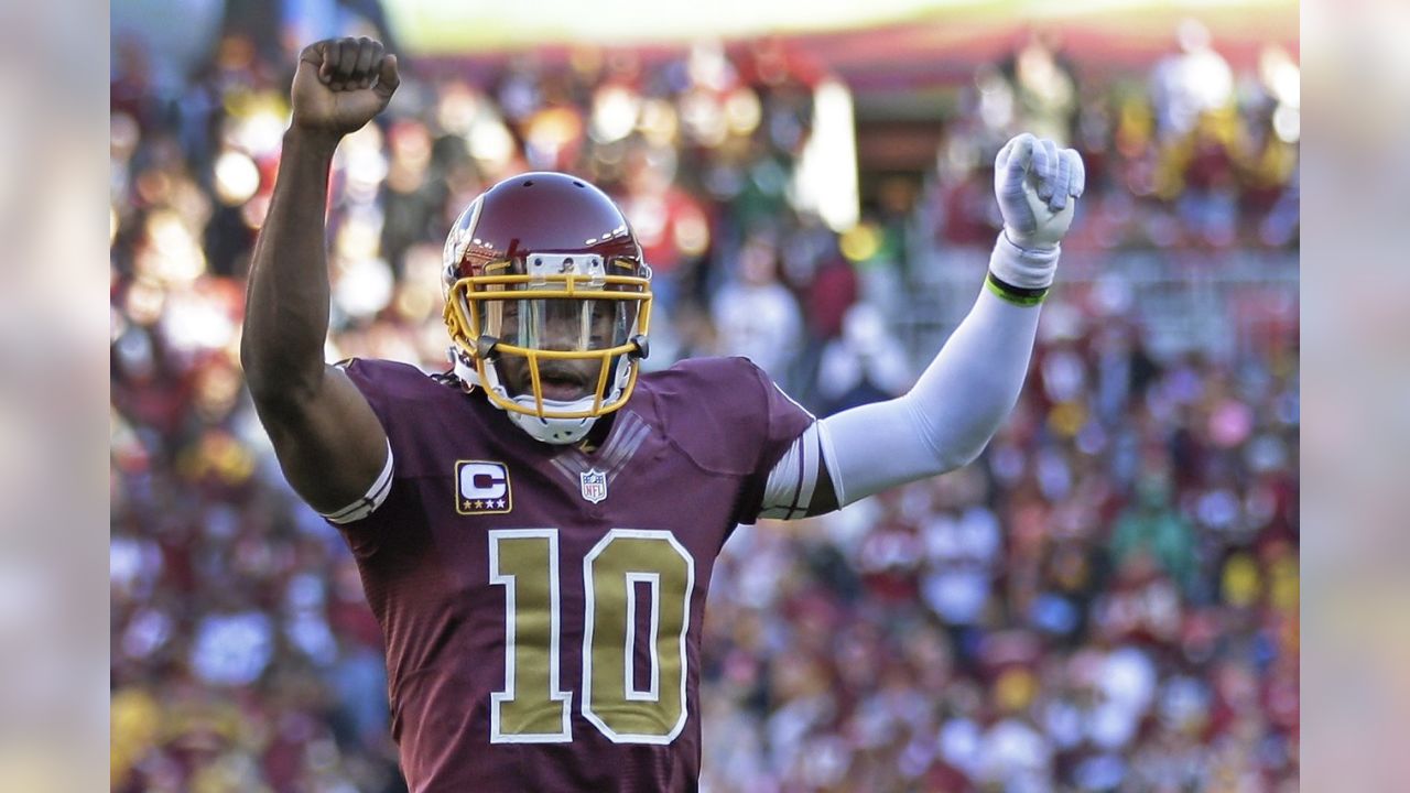 Washington Redskins quarterback Robert Griffin III celebrates a