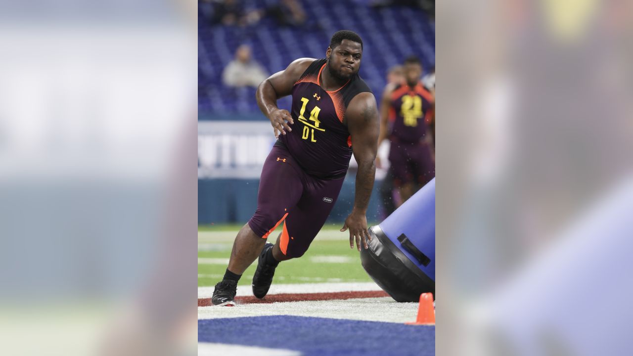 Western Illinois defensive lineman Khalen Saunders runs a drill at