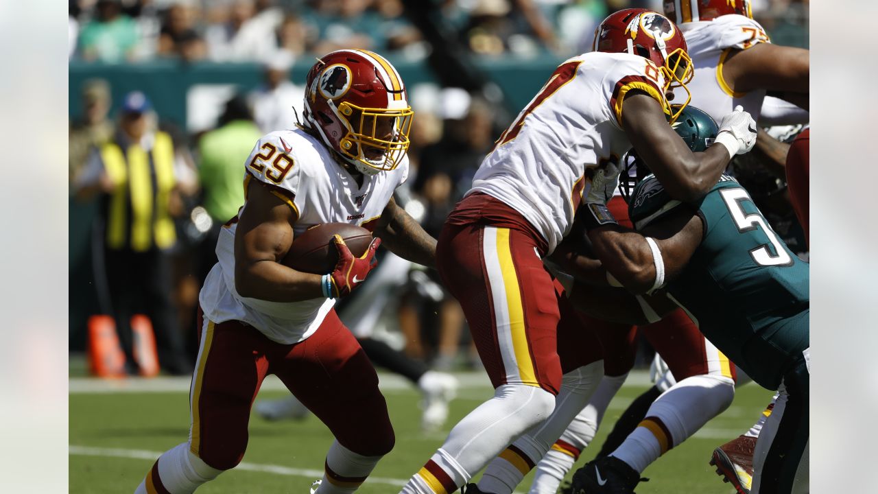 Washington Redskins running back Earnest Byner (21) confronts Philadelphia  Eagles line back Seth Joyner during the second half action at RFK Stadium  in Washington D.C., Oct. 1, 1991. Byner scored one touchdown