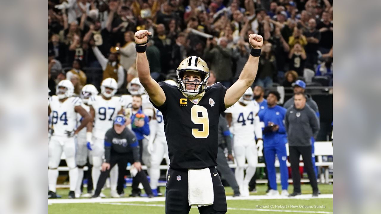 New Orleans Saints quarterback Drew Brees (9) runs off the field after  defeating the Indianapolis Colts 34-7 in an NFL football game in New  Orleans, Monday, Dec. 16, 2019. Brees broke the