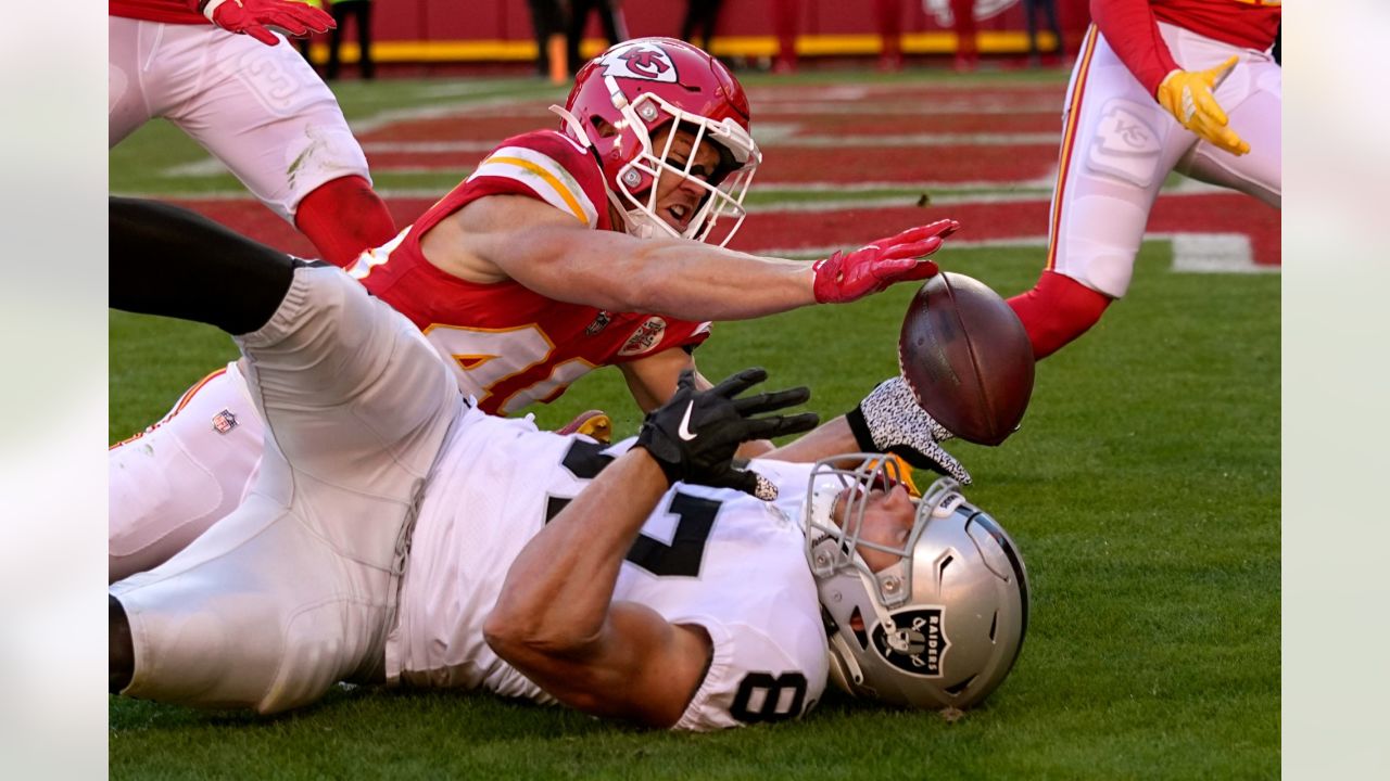 Kansas City Chiefs free safety Daniel Sorensen (49) during pre-game warmups  before an NFL football game against the New England Patriots, Monday, Oct.  5, 2020, in Kansas City, Mo. (AP Photo/Reed Hoffmann