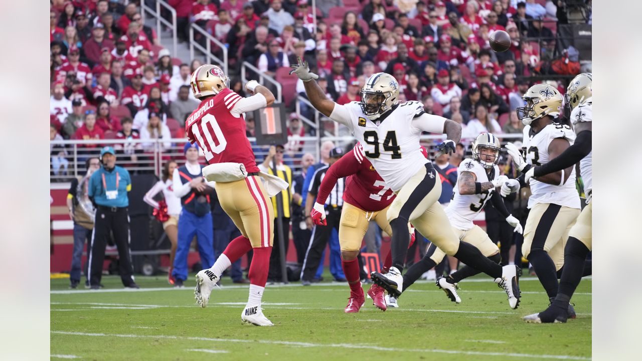 New Orleans Saints defensive end Cameron Jordan (94) celebrates after a  play during an NFL football game against the Seattle Seahawks, Sunday, Oct.  9, 2022, in New Orleans. (AP Photo/Tyler Kaufman Stock