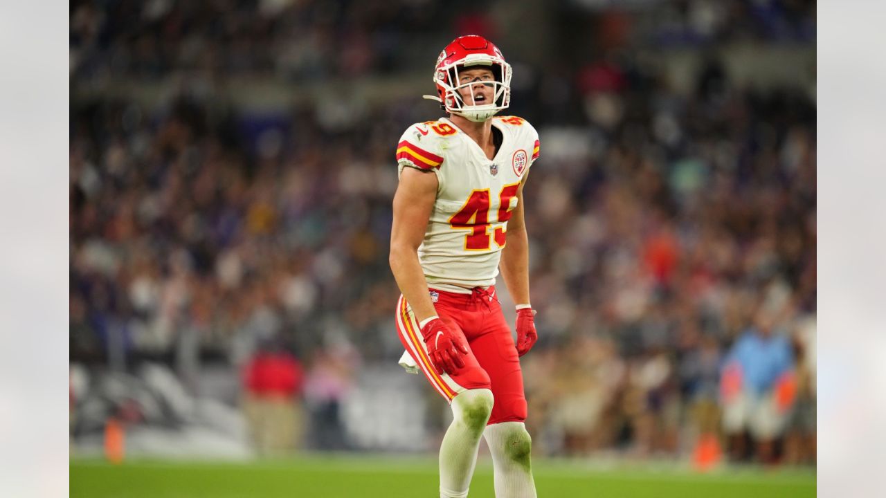 Kansas City Chiefs free safety Daniel Sorensen (49) during pre-game warmups  before an NFL football game against the New England Patriots, Monday, Oct.  5, 2020, in Kansas City, Mo. (AP Photo/Reed Hoffmann