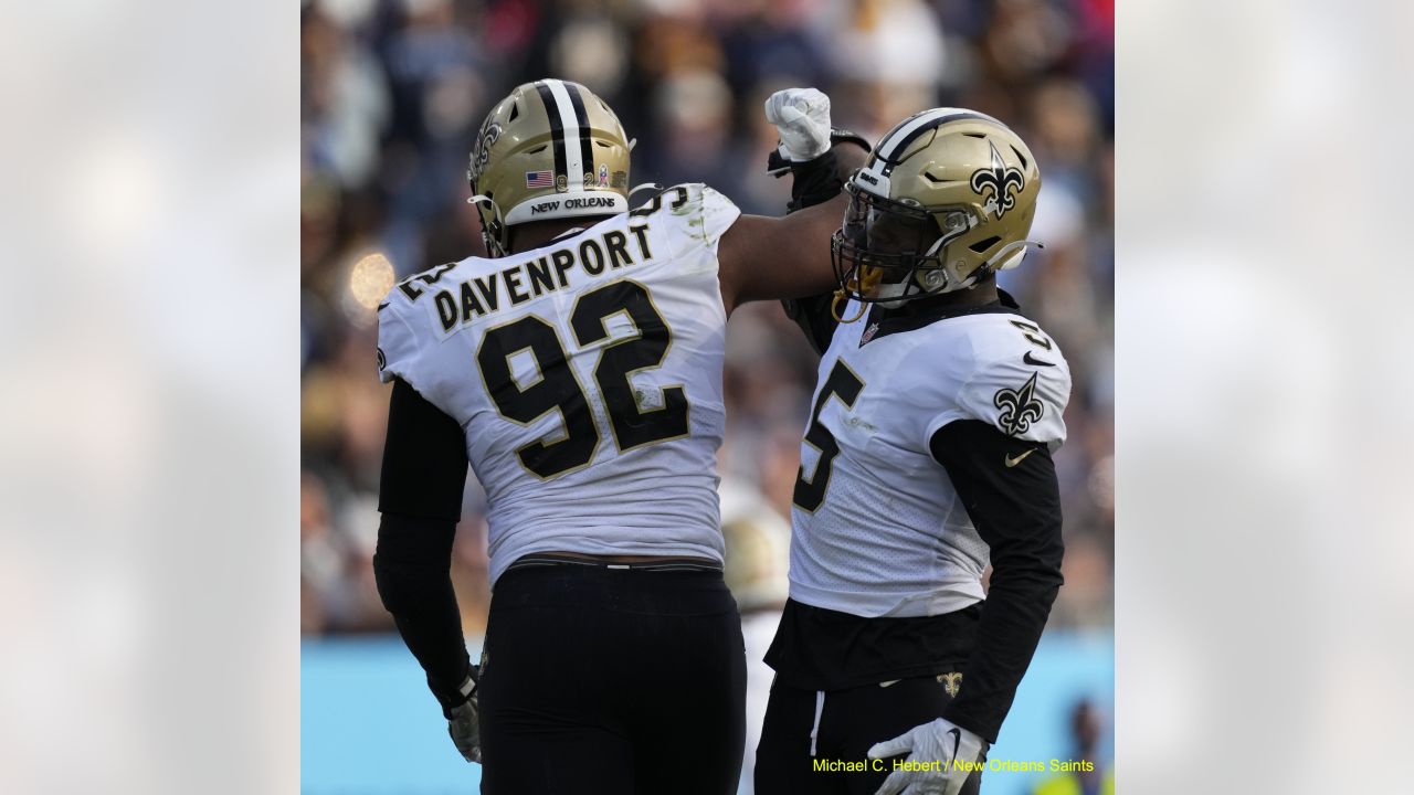 A general view of New Orleans Saints' players warming up ahead of