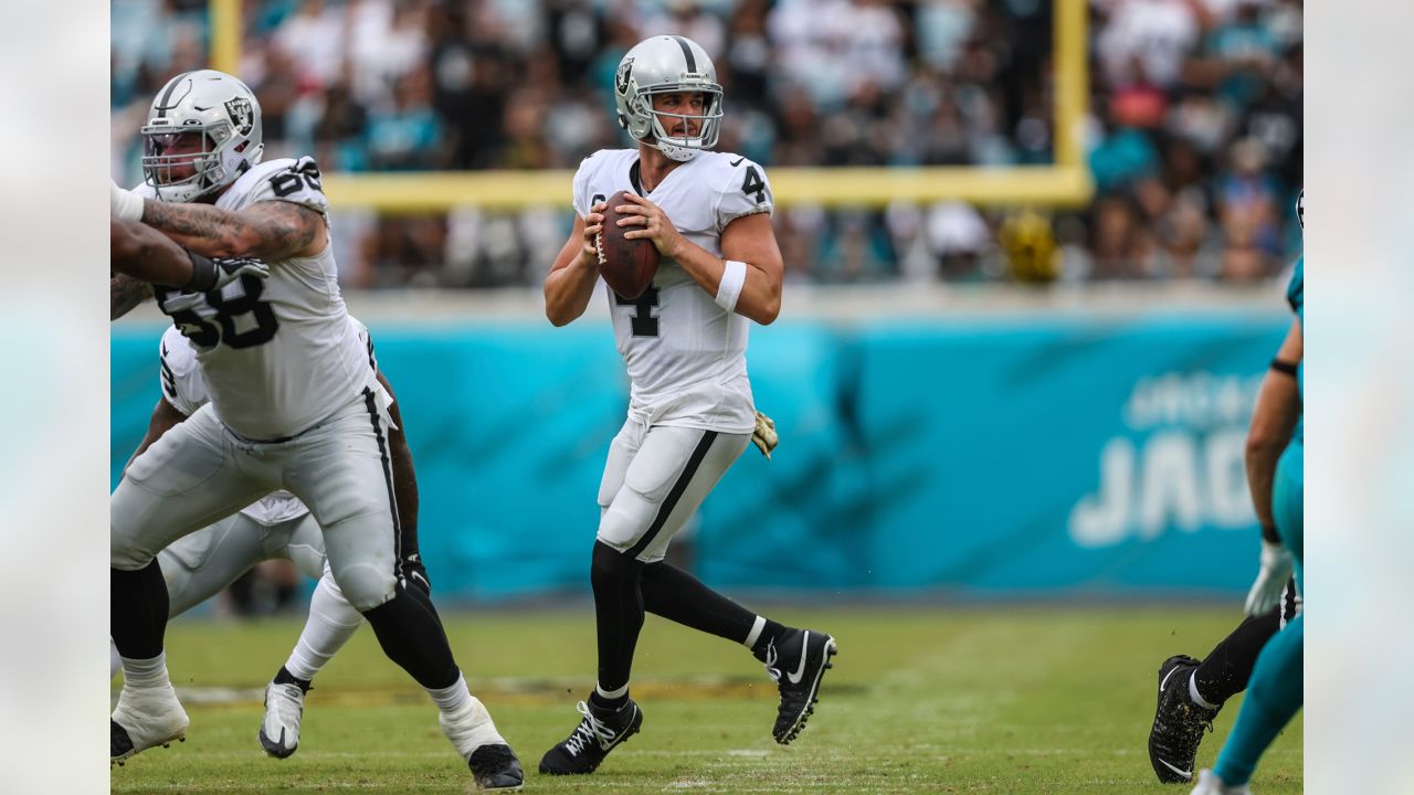 A detailed view of the cleat of Derek Carr of the Las Vegas