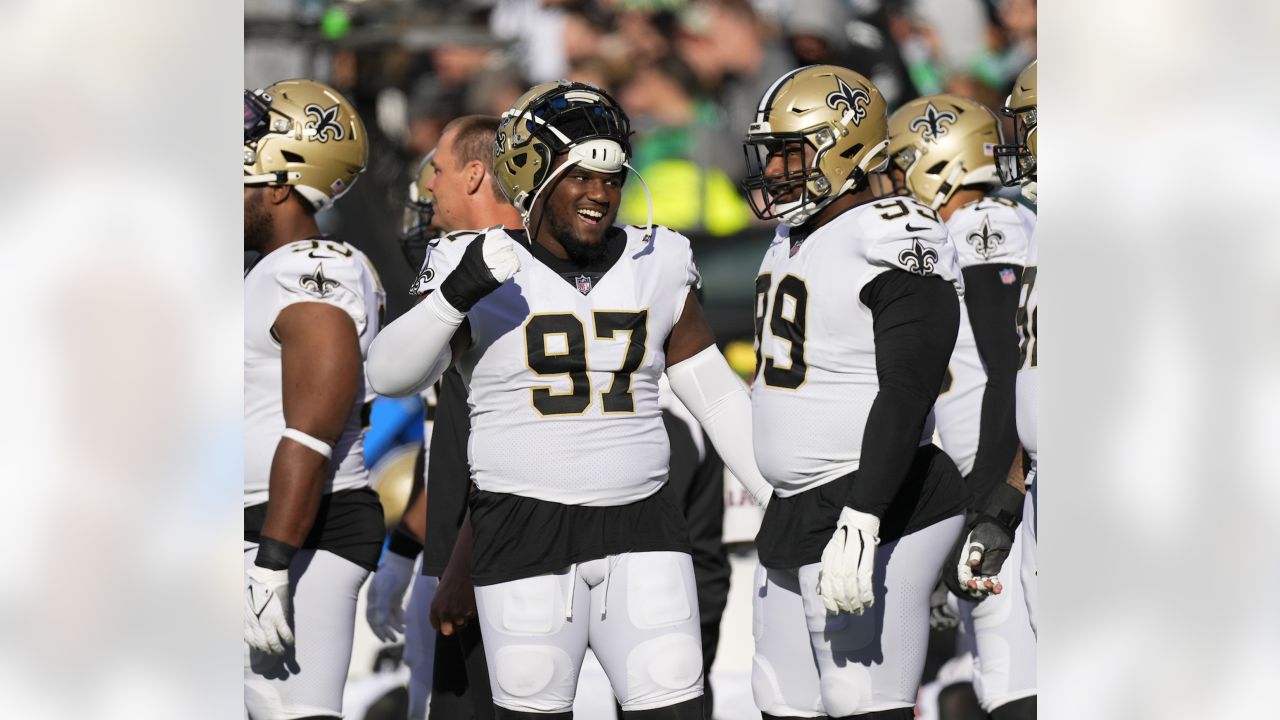 New Orleans Saints defensive end Malcolm Roach (97) reacts after