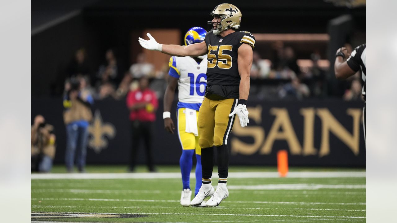 New Orleans Saints linebacker Kaden Elliss (55) reacts after a