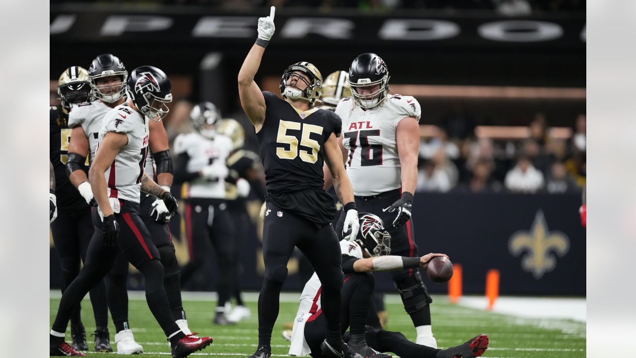 New Orleans Saints linebacker Kaden Elliss (55) reacts after a