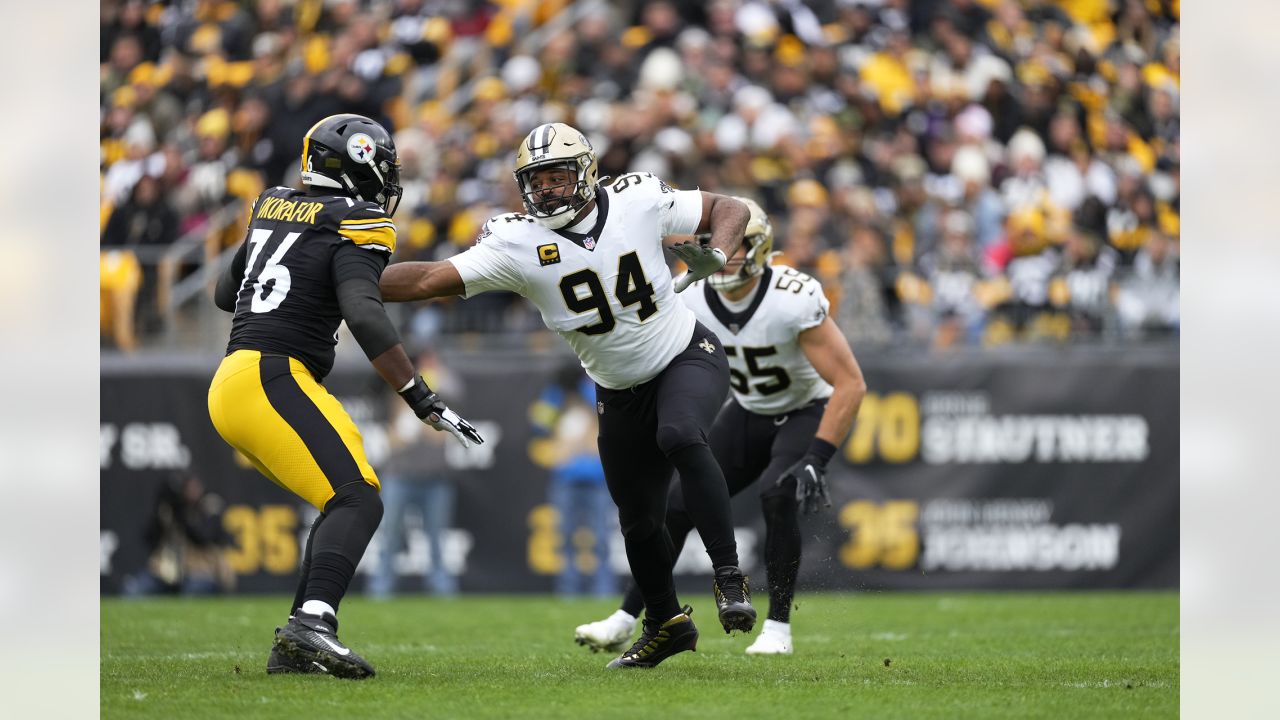 New Orleans Saints defensive end Cameron Jordan (94) celebrates after a  play during an NFL football game against the Seattle Seahawks, Sunday, Oct.  9, 2022, in New Orleans. (AP Photo/Tyler Kaufman Stock