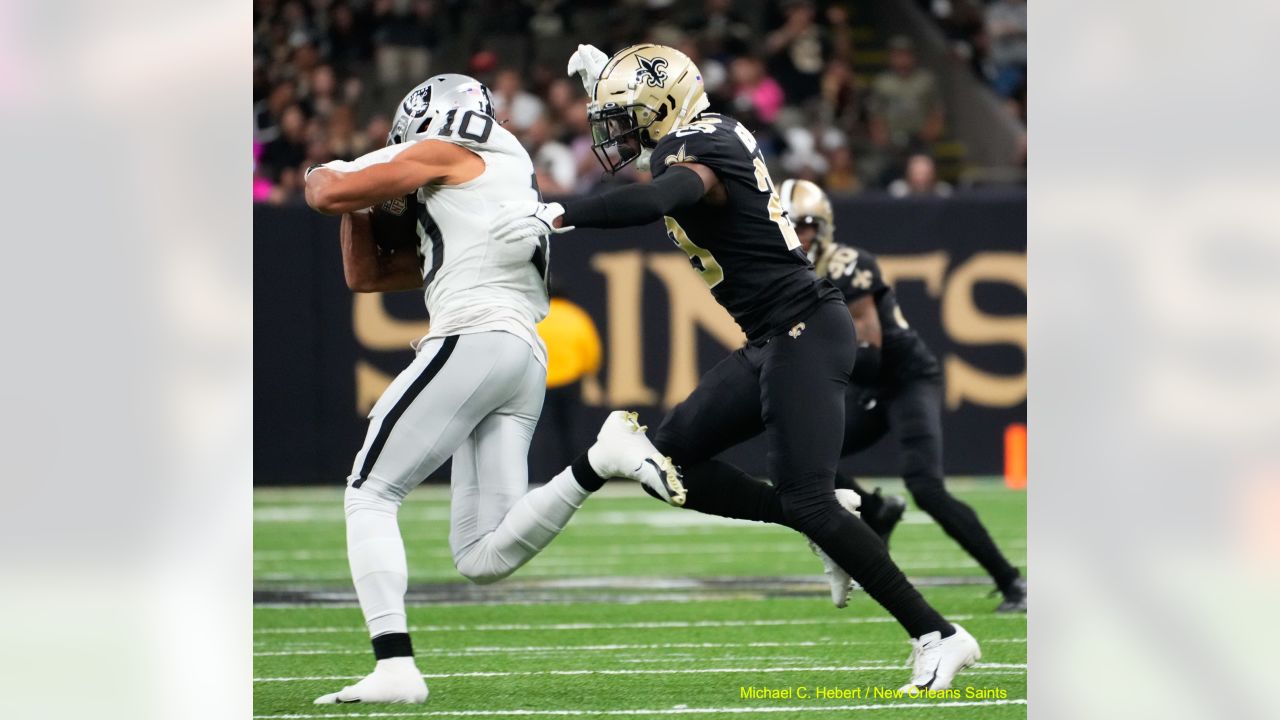 New Orleans Saints cornerback Vincent Gray (35) reacts to a play during an  NFL preseason football game against the Los Angeles Chargers, Friday, Aug.  26, 2022, in New Orleans. (AP Photo/Tyler Kaufman