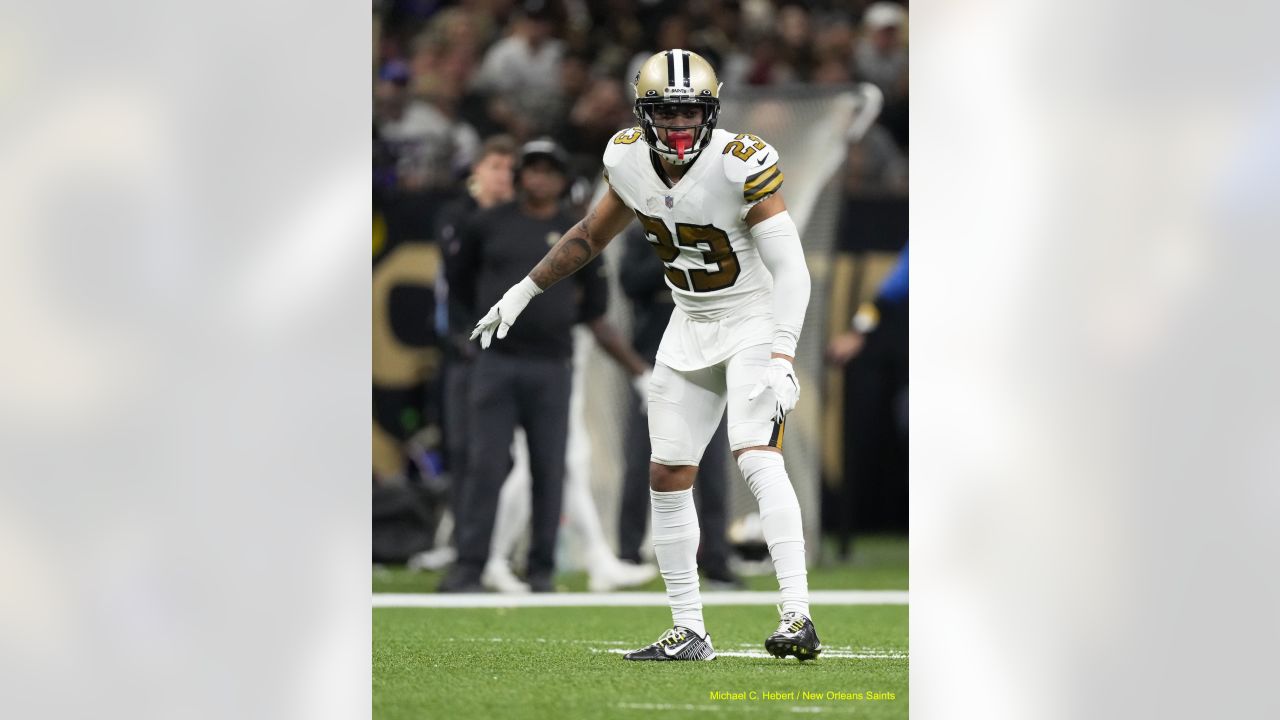 New Orleans Saints cornerback Marshon Lattimore (23) runs back an