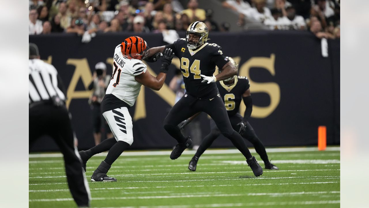 New Orleans Saints defensive end Cameron Jordan (94) celebrates after a  play during an NFL football game against the Seattle Seahawks, Sunday, Oct.  9, 2022, in New Orleans. (AP Photo/Tyler Kaufman Stock