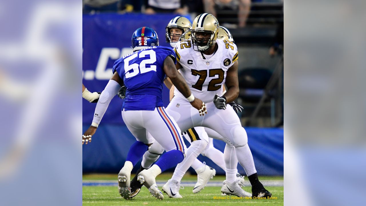 East Rutherford, New Jersey, USA. 1st Oct, 2018. New Orleans Saints  offensive tackle Terron Armstead (72) during warm ups before a game between  the New Orlean Saints and the New York Giants