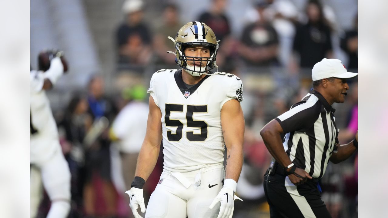 New Orleans Saints linebacker Kaden Elliss (55) reacts after a