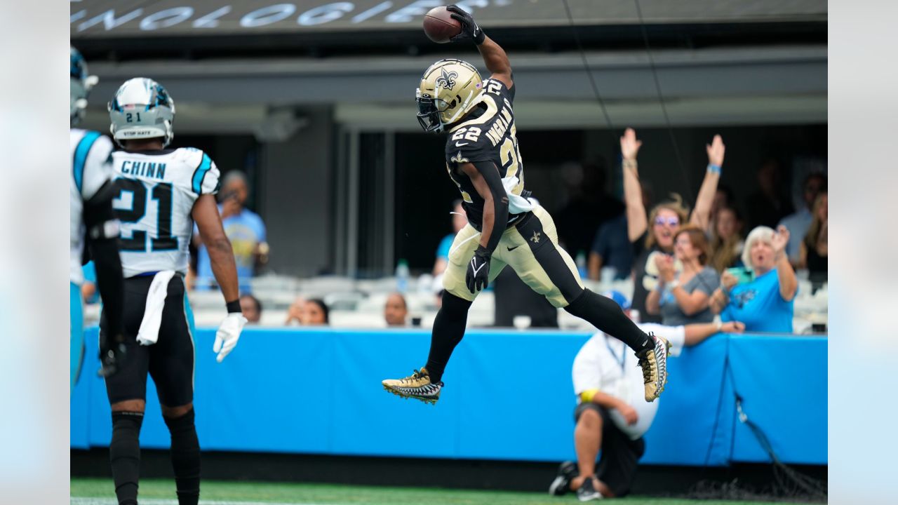 NFC running back Mark Ingram, right, of the New Orleans Saints, and  linebacker Thomas Davis Sr., of the Carolina Panthers, wrestle during Pro  Bowl NFL football practice, Wednesday, Jan. 24, 2018, in