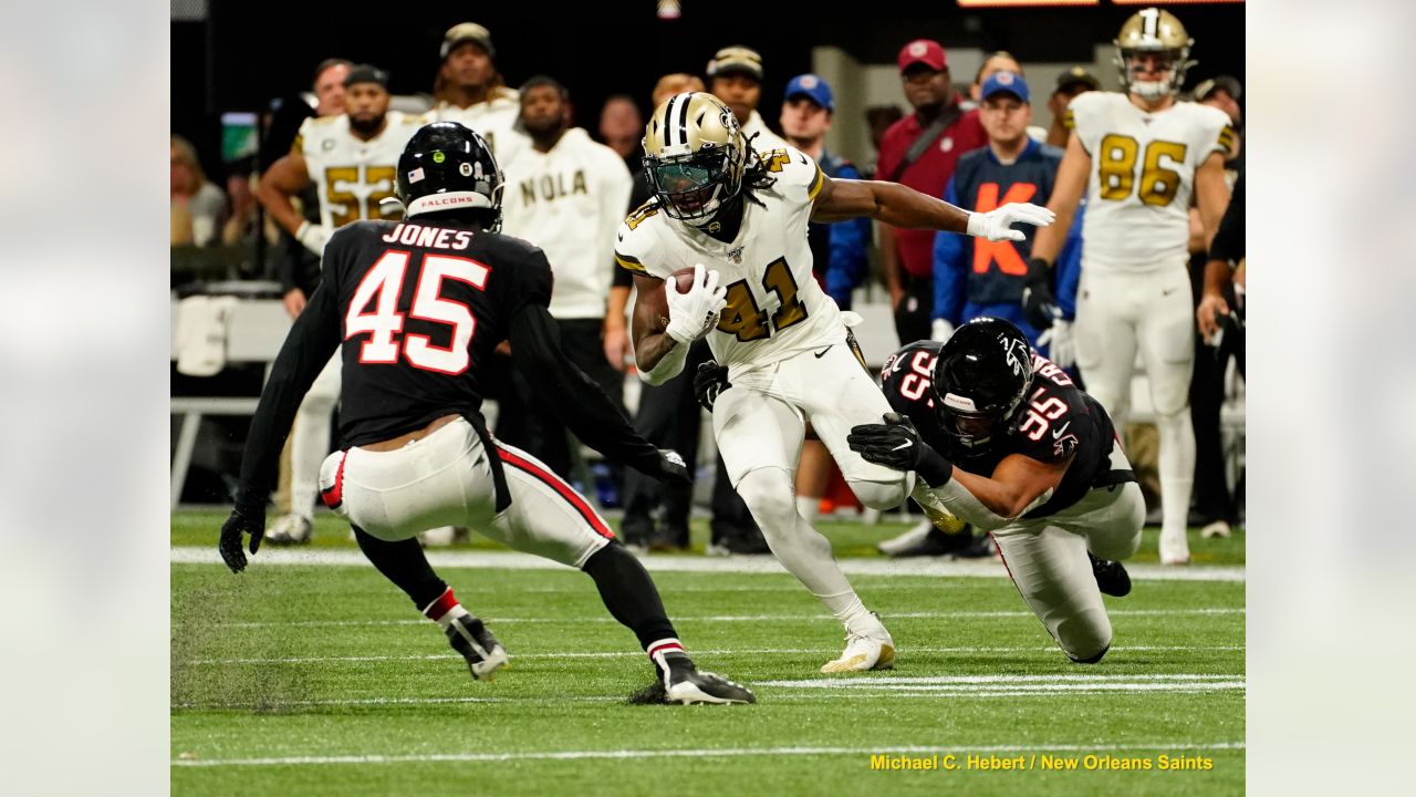 New Orleans Saints vs. Atlanta Falcons . NFL Game. American Football League  match. Silhouette of professional player celebrate touch down. Screen in b  Stock Photo - Alamy