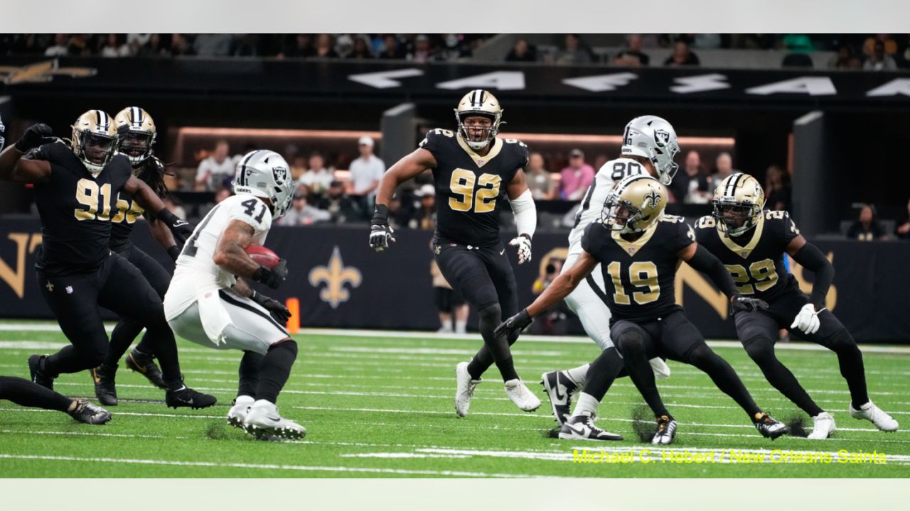 Las Vegas Raiders wide receiver DJ Turner (19) leaves the field after an  NFL football game against the New Orleans Saints in New Orleans, Sunday,  Oct. 30, 2022. (AP Photo/Matthew Hinton Stock