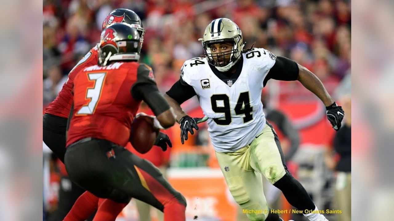 New Orleans Saints defensive end Cameron Jordan (94) in the first half of  an NFL football game against the Dallas Cowboys, in Arlington, Texas,  Thursday, Nov. 29, 2018. (AP Photo/Michael Ainsworth Stock