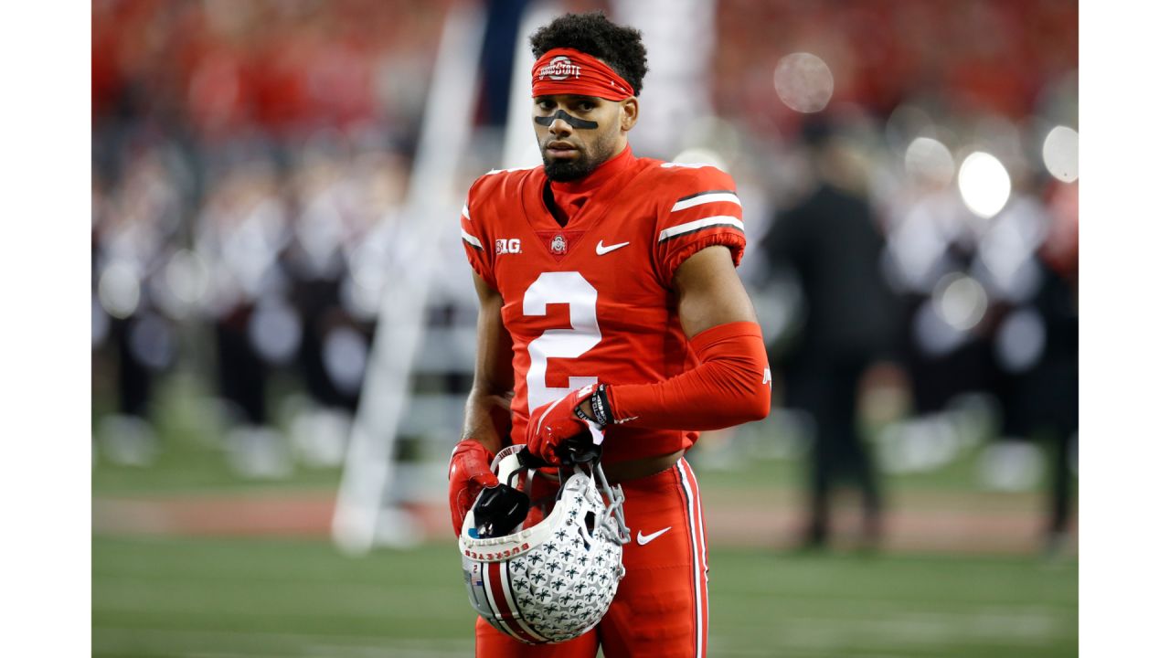 Ohio State wide receiver Chris Olave holds a team jersey after he was  chosen by the New Orleans Saints with the 11th pick at the 2022 NFL Draft,  Thursday, April 28, 2022