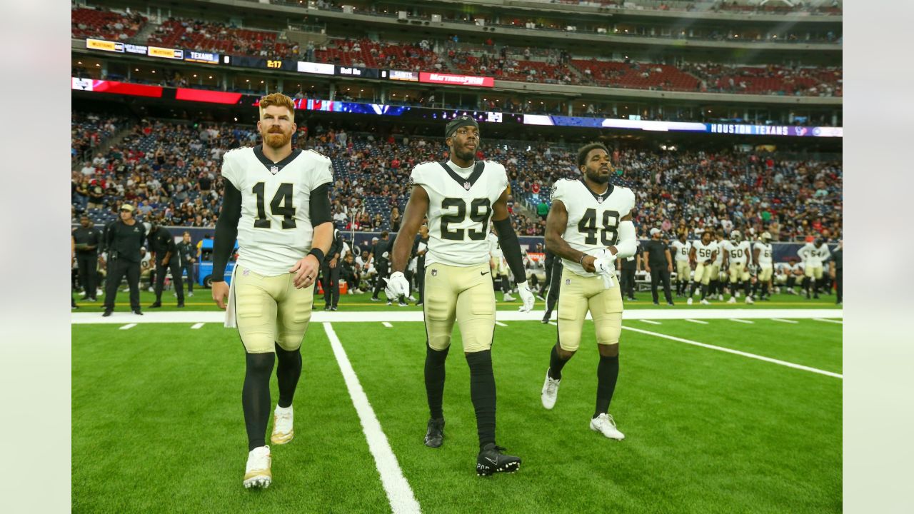 New Orleans Saints linebacker Nephi Sewell (45) defends in the first half  of an NFL preseason football game against the Houston Texans in New Orleans,  Sunday, Aug. 27, 2023. (AP Photo/Gerald Herbert