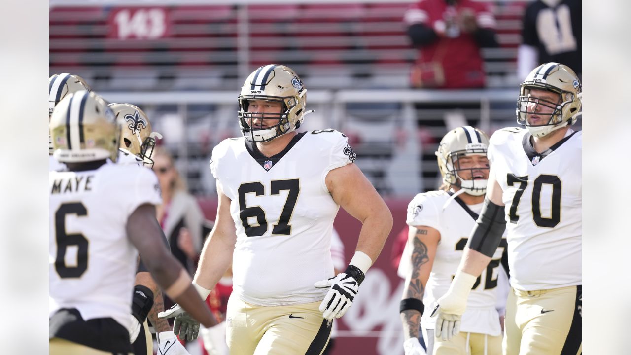 New Orleans Saints offensive tackle James Hurst (74) lines up for a play  against the Seattle Seahawks during an NFL football game in New Orleans,  Saturday, Oct. 9, 2022. (AP Photo/Derick Hingle