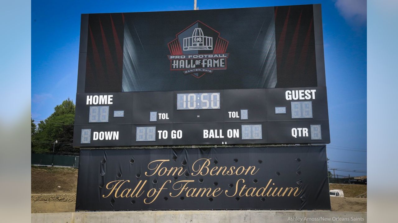 The Pro Football Hall of Fame logo is painted on the 50-yard line at Tom  Benson Field before the Hall of Fame exhibition game between the Cleveland  Browns and the New York