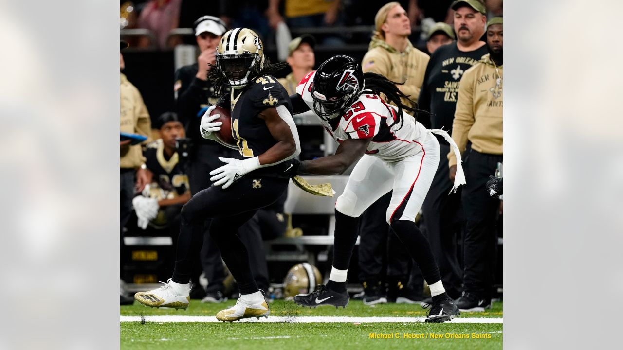 New Orleans Saints vs. Atlanta Falcons . NFL Game. American Football League  match. Silhouette of professional player celebrate touch down. Screen in b  Stock Photo - Alamy