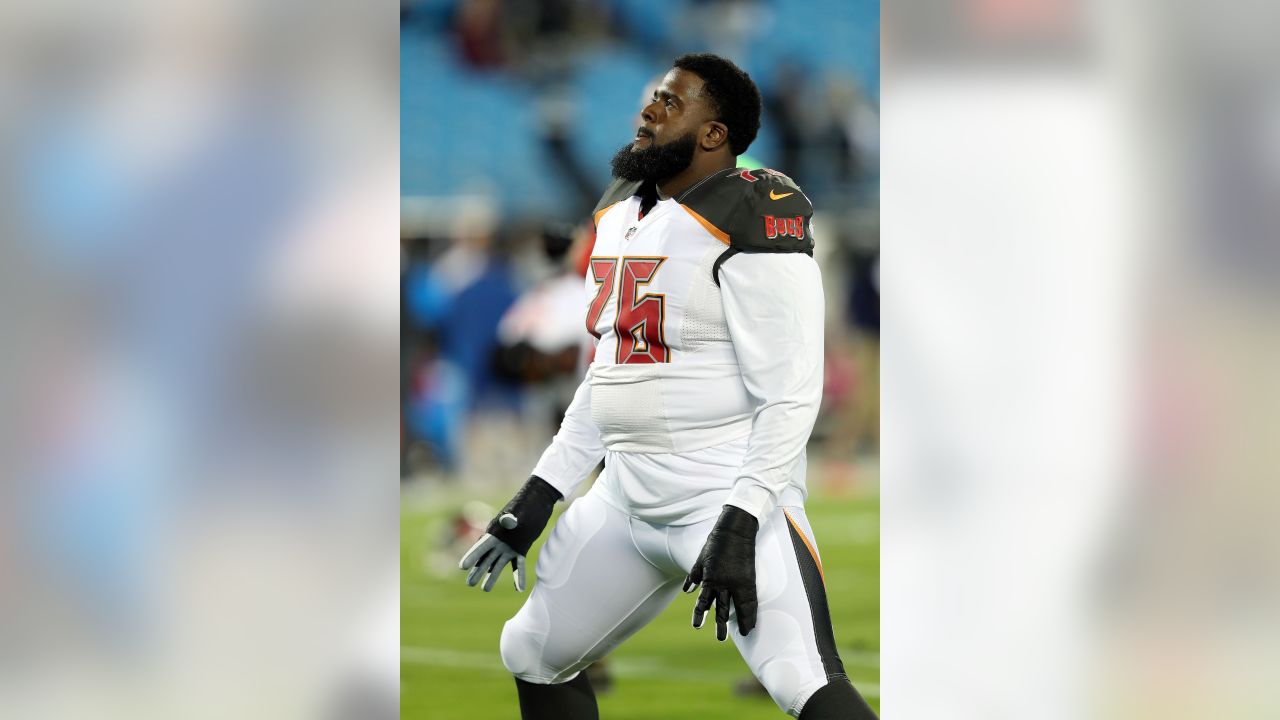 CHARLOTTE, NC - OCTOBER 23: Tampa Bay Buccaneers offensive tackle Donovan  Smith (76) during an NFL