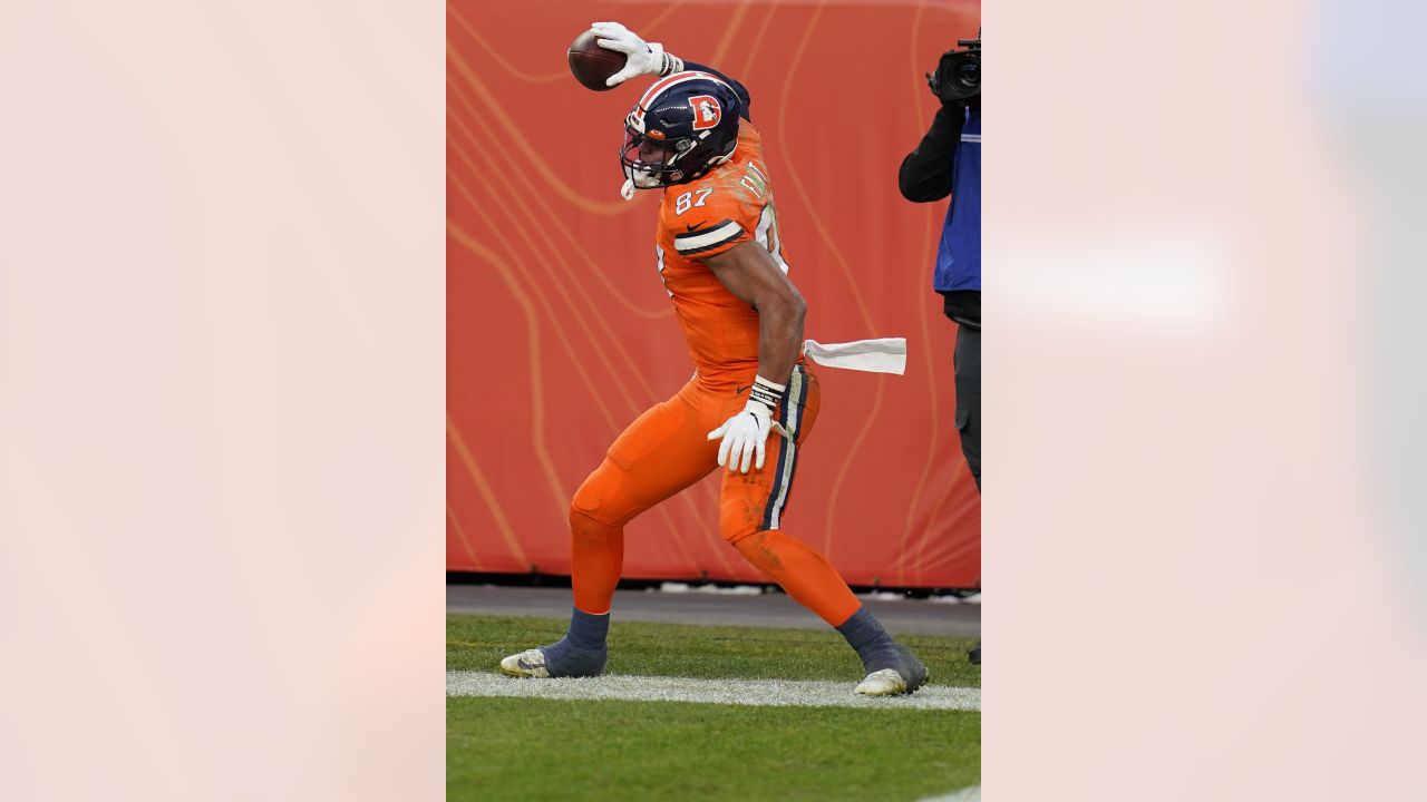 Denver Broncos tight end Noah Fant (87) against the New York Jets during an  NFL football game, …