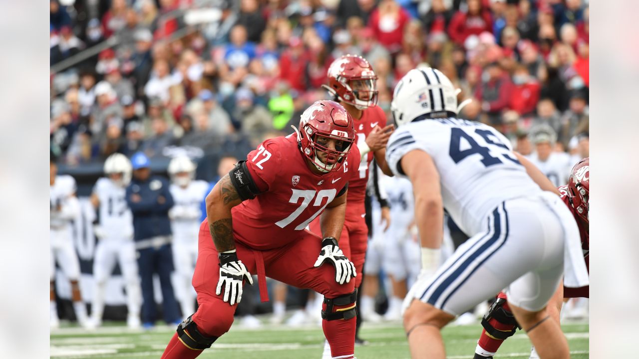 Washington State offensive lineman Abraham Lucas stands on the sideline  during the second half of an NCAA college football game against Stanford,  Saturday, Oct. 16, 2021, in Pullman, Wash.(AP Photo/Young Kwak Stock