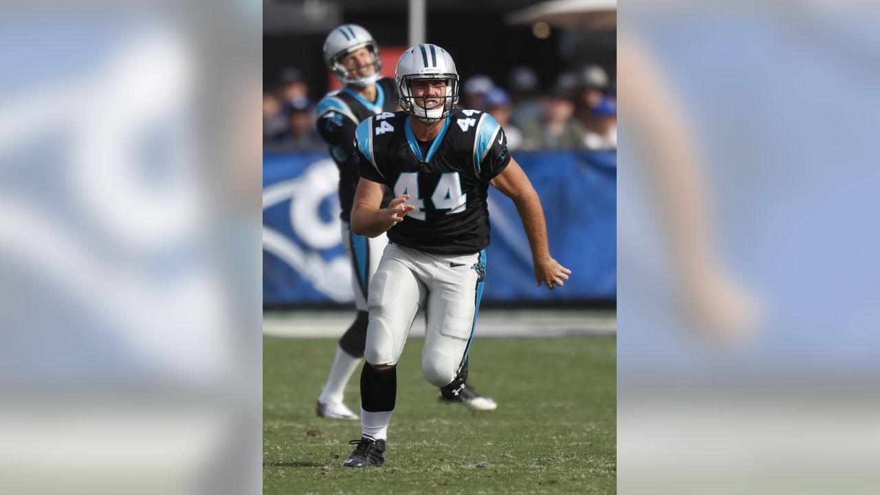 Carolina Panthers long snapper J.J. Jansen (44) runs onto the