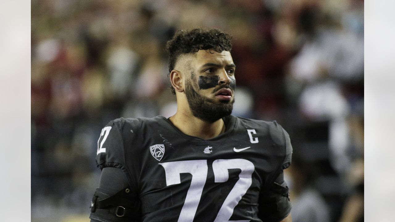 Washington State offensive lineman Abraham Lucas (72) stands on the field  during the second half of an NCAA college football game against New Mexico  State in Pullman, Wash., Saturday, Aug. 31, 2019. (