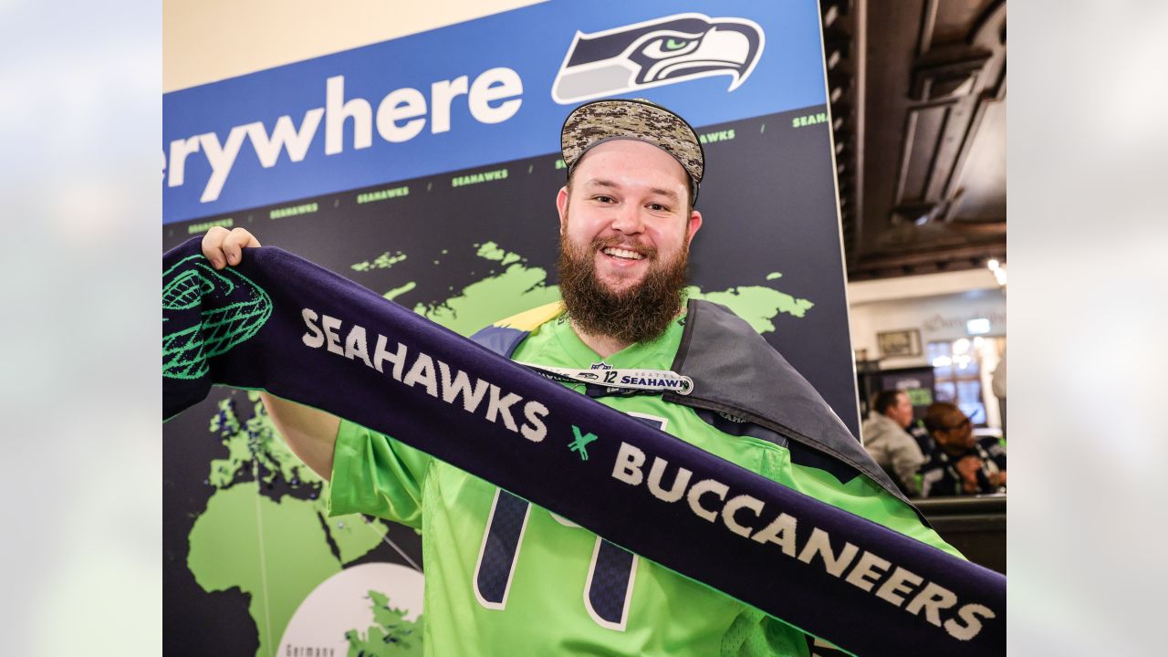 Seahawks' mascot, Blitz poses for a photo with fans during the Seattle  Seahawks Pub Event at the Augustiner Stammhaus pub, on Friday, Nov. 11 2022  in Munich. (AP Photo/Omer Messinger Stock Photo 