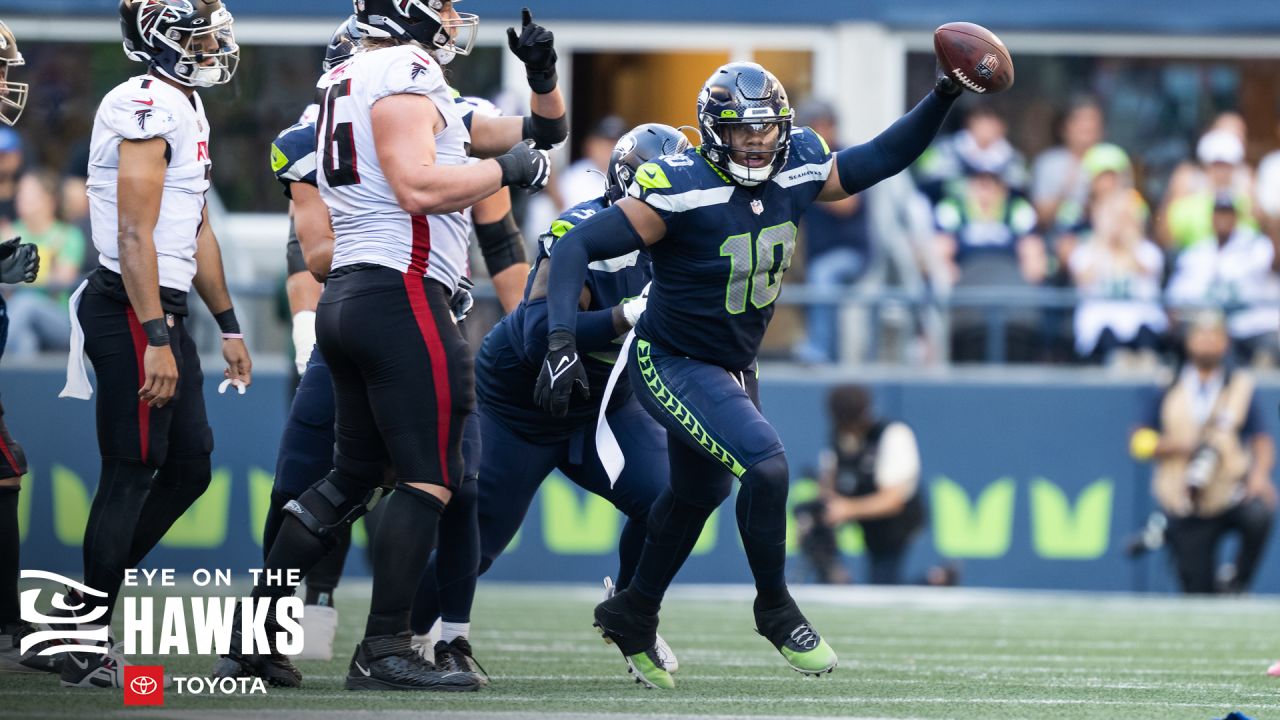 Seattle Seahawks linebacker Darrell Taylor is pictured during an NFL  football game against the Atlanta Falcons, Sunday, Sept. 25, 2022, in  Seattle. The Falcons won 27-23. (AP Photo/Stephen Brashear Stock Photo -  Alamy