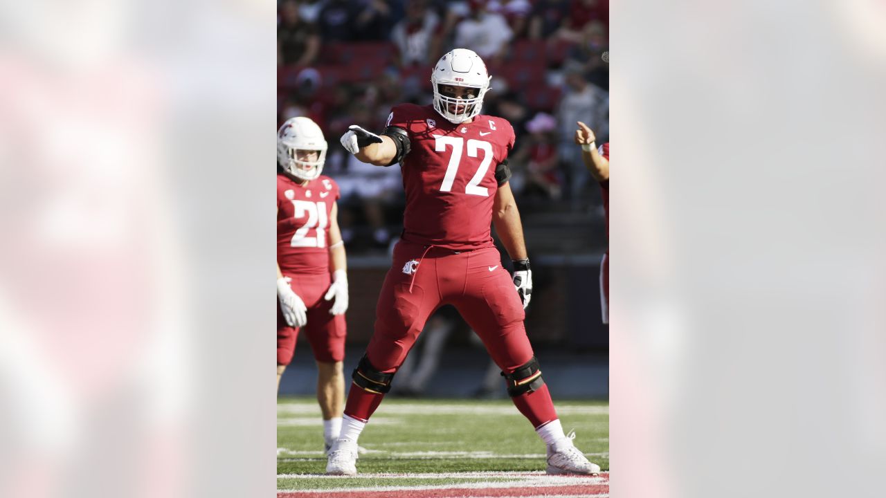 Washington State offensive lineman Abraham Lucas (72) stands on the field  during the second half of an NCAA college football game against New Mexico  State in Pullman, Wash., Saturday, Aug. 31, 2019. (