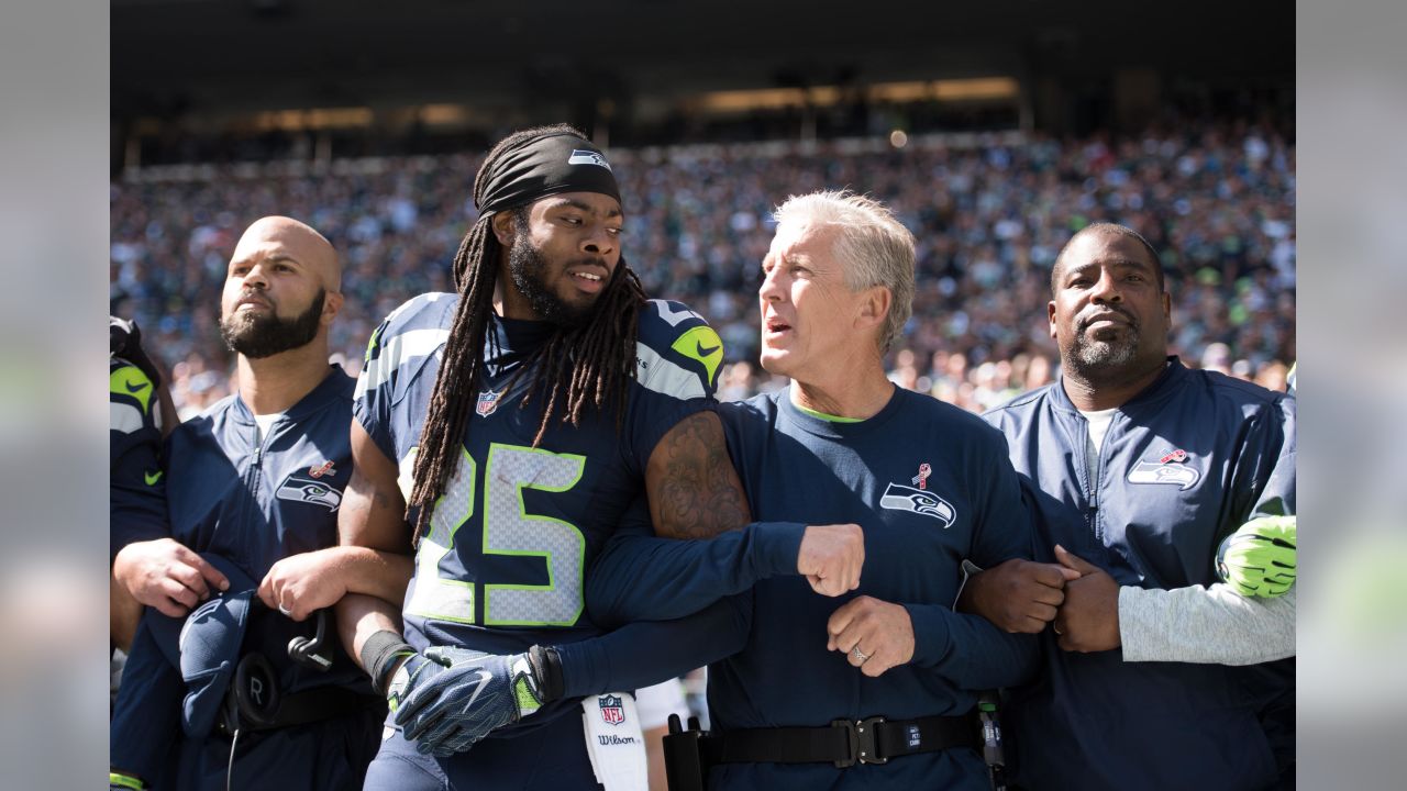 September 17, 2017: Seattle Seahawks cornerback Neiko Thorpe (23) carries  out the 12th man flag during a game between the San Francisco 49ers and the  Seattle Seahawks at CenturyLink Field in Seattle