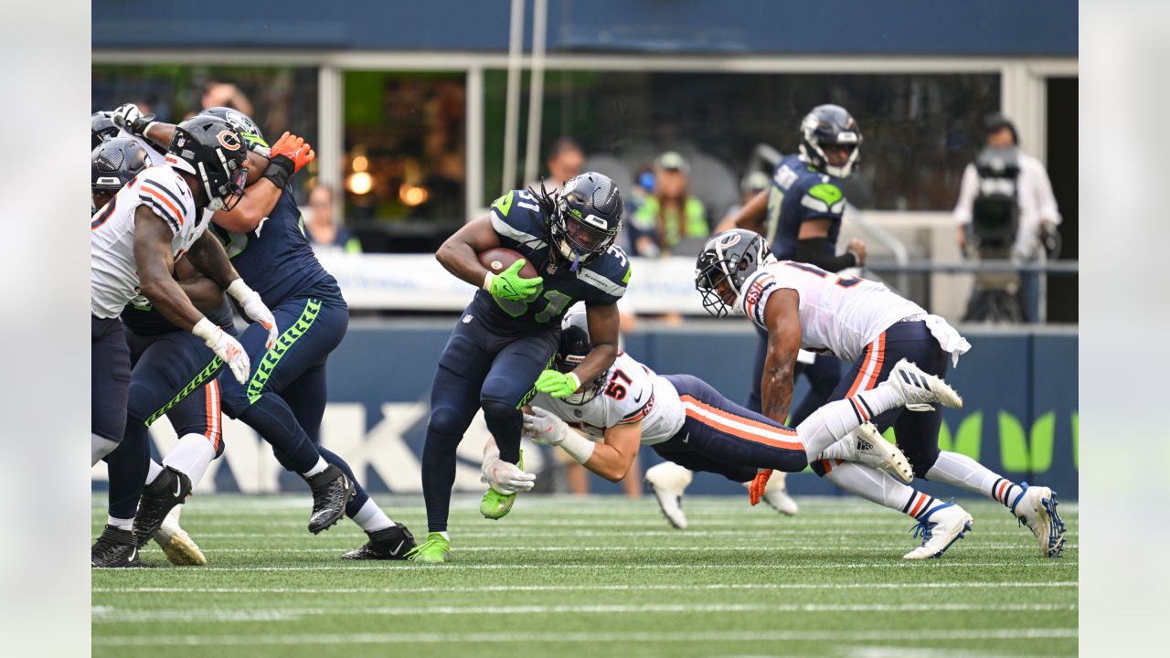 Seattle Seahawks quarterback Jacob Eason (17) during an NFL Preseason  football game against the Chicago Bears, Thursday, Aug. 18, 2022, in Seattle,  WA. The Bears defeated the Seahawks 27-11. (AP Photo/Ben VanHouten