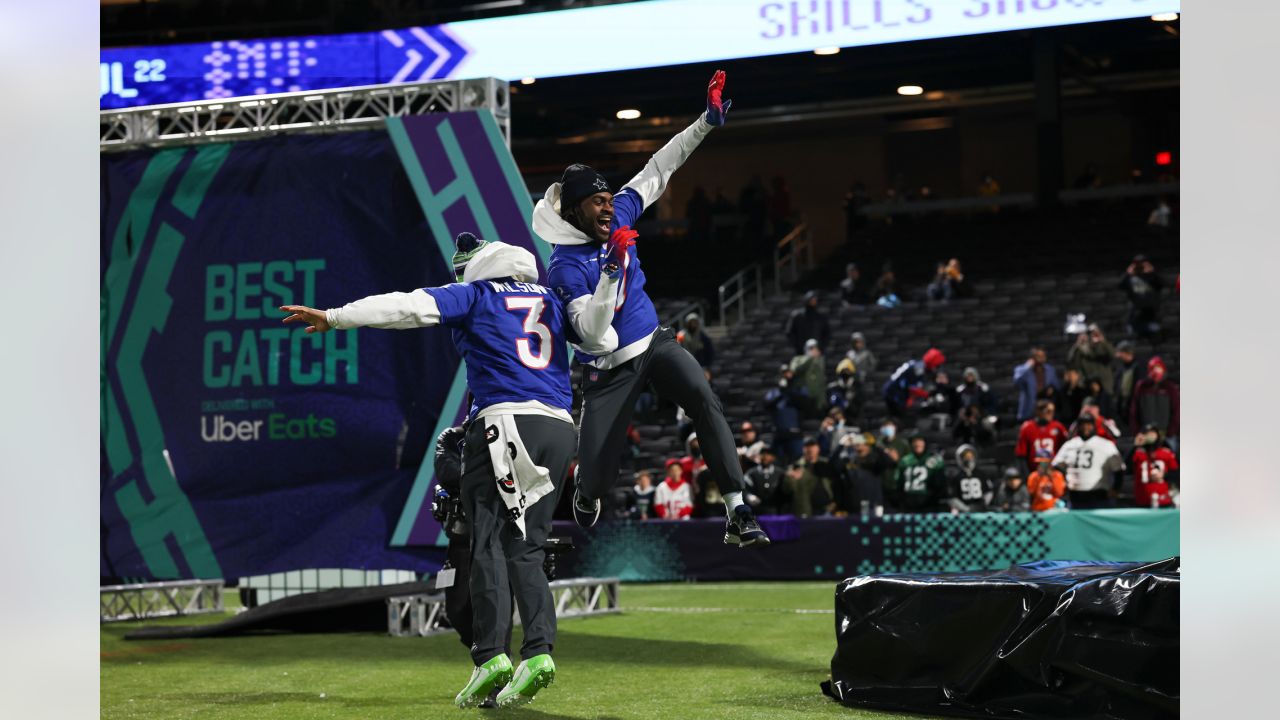 NFC cornerback Trevon Diggs of the Dallas Cowboys celebrates with Seattle  Seahawks Russell Wilson after competing in the Best Catch event at the 2022  Pro Bowl Skills Showdown Wednesday, February 2, 2022