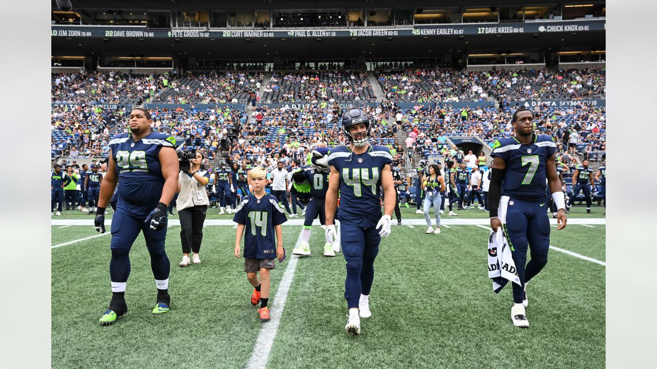 Seattle Seahawks quarterback Jacob Eason (17) during an NFL Preseason  football game against the Chicago Bears, Thursday, Aug. 18, 2022, in Seattle,  WA. The Bears defeated the Seahawks 27-11. (AP Photo/Ben VanHouten