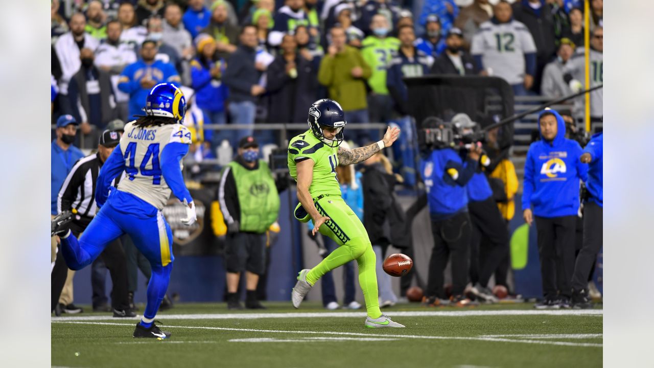 Seattle Seahawks punter Michael Dickson (4) during an NFL football game  against the Los Angeles Rams, Thursday, Oct. 7, 2021, in Seattle. The Los  Angeles Rams won 26-17. (AP Photo/Ben VanHouten Stock Photo - Alamy