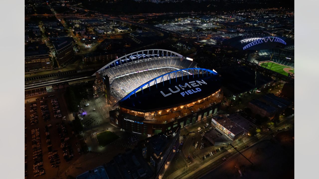 Aerial shot pulling up and out of Lumen Field, home of the Seattle Seahawks.,  Stock Video - Envato Elements