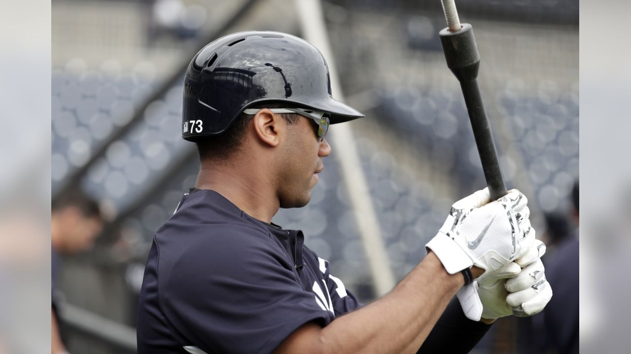 Seattle Seahawks quarterback Russell Wilson (73) waits to bat during New  York Yankees batting practice before a baseball spring exhibition game  against the Detroit Tigers, Wednesday, Feb. 28, 2018, in Tampa, Fla. (