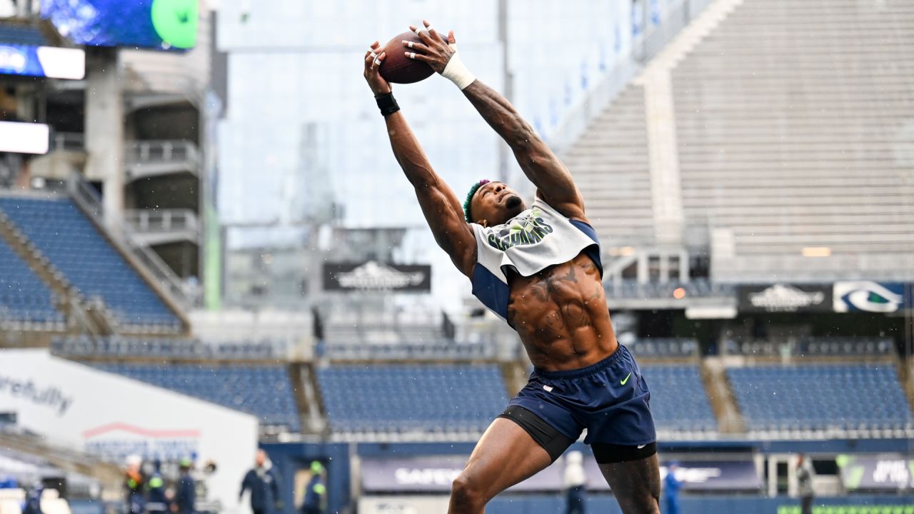 DK Metcalf of the Seattle Seahawks warms up before the game