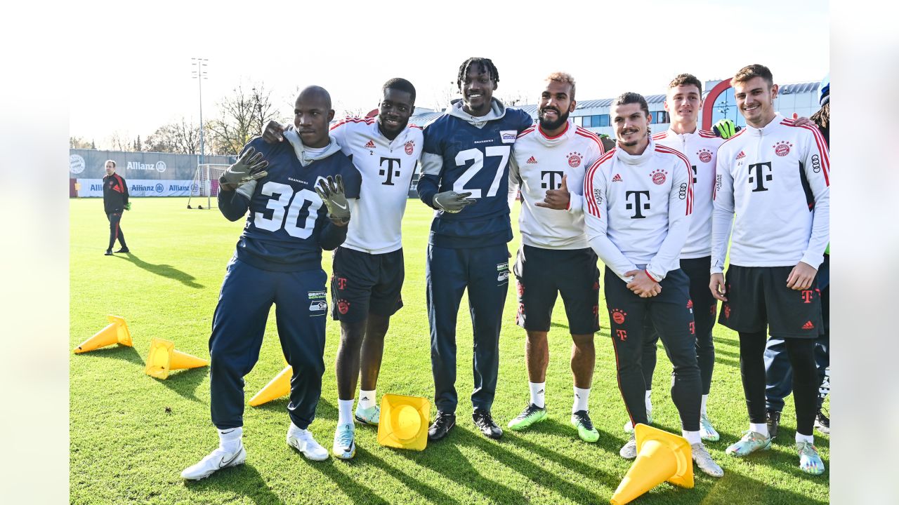 Seattle Seahawks wide receiver DK Metcalf wears a jersey of German  Bundesliga soccer club FC Bayern Muenchen as he attends a news conference  in Munich, Germany, Friday, Nov. 11, 2022. The Tampa