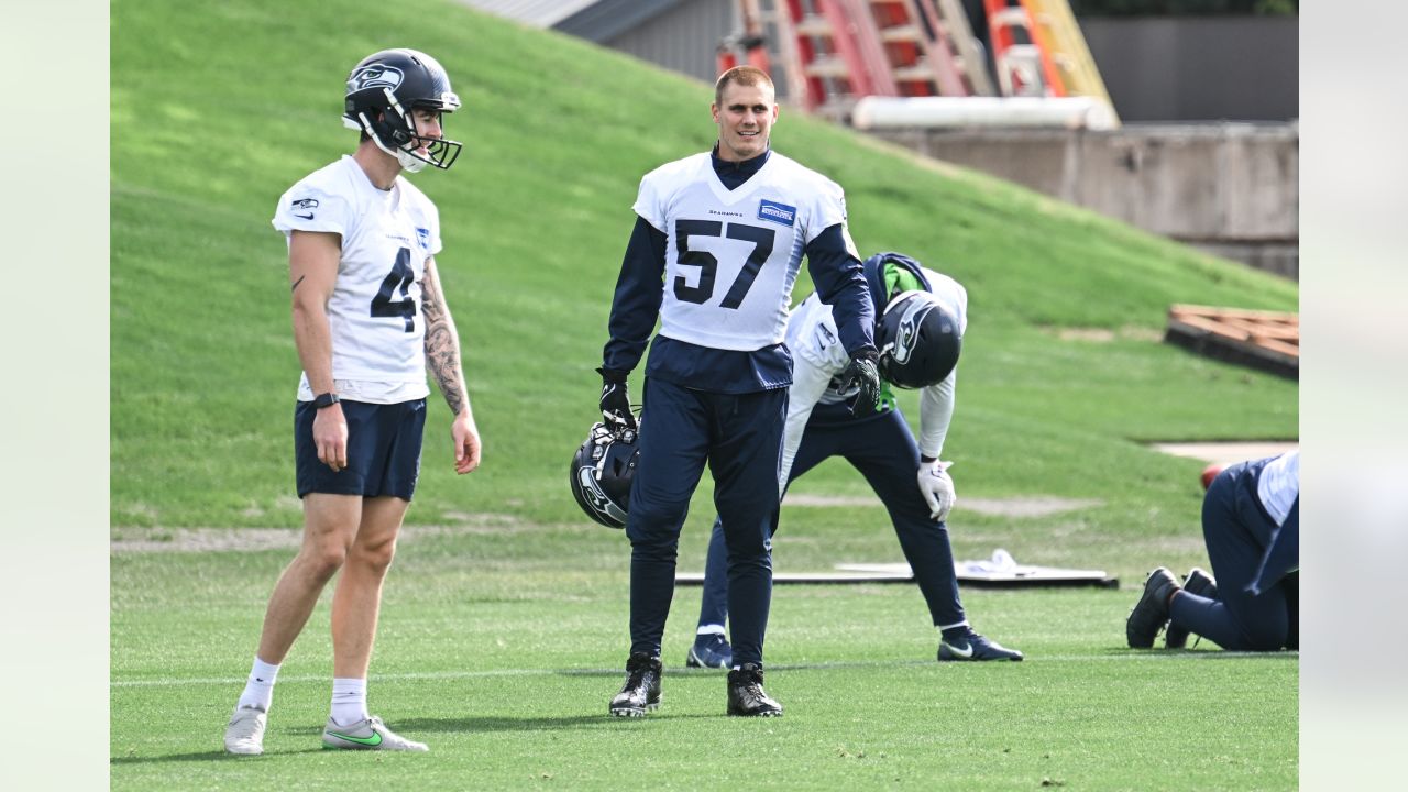 Seattle Seahawks linebacker Cody Barton (57) looks on during an