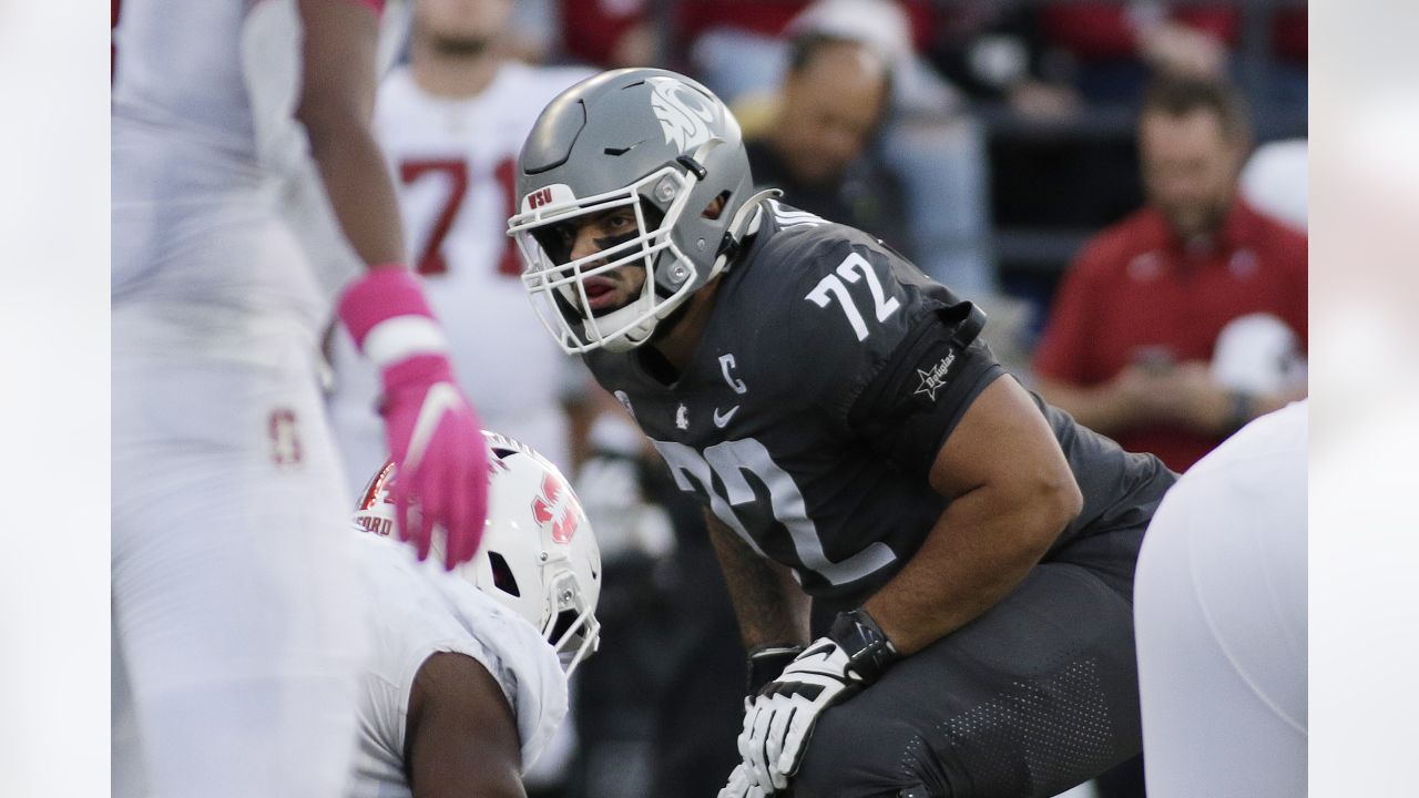 Washington State offensive lineman Abraham Lucas stands on the sideline  during the second half of an NCAA college football game against Stanford,  Saturday, Oct. 16, 2021, in Pullman, Wash.(AP Photo/Young Kwak Stock