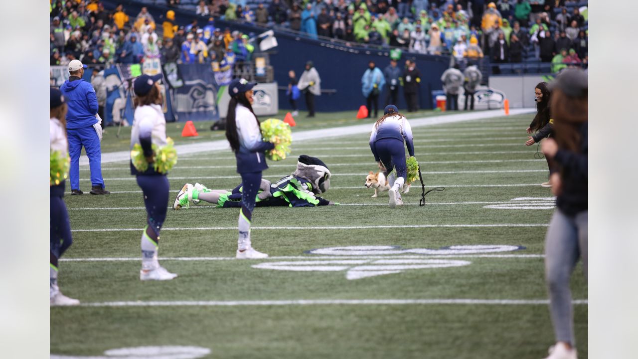 Seattle Seahawks defensive end Shelby Harris (93) runs onto the field  before an NFL football game against the New York Giants, Sunday, Oct. 30,  2022, in Seattle, WA. The Seahawks defeated the