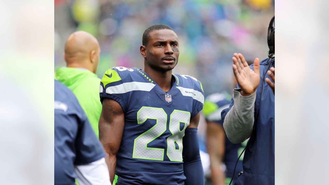 Seattle Seahawks cornerback Justin Coleman (28) running during an NFL  football game against the Las Vegas